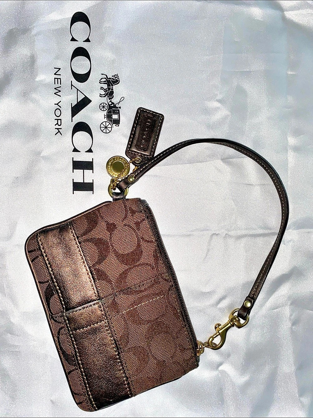 Coach Signature Legacy Stripe Zip Wristlet Brown